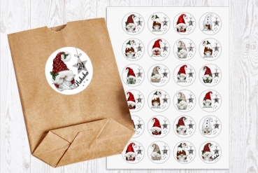 24 Stück zuckersüße Adventskalenderaufkleber Sticker Wichtel Gnome /4cm rund mit-oder ohne 24 Beutelchen aus Kraftpapier von Lüttentüddel